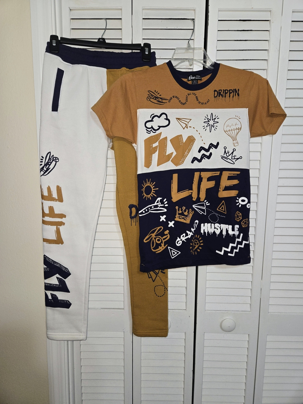 One Color Nation Boy's M Fly Life Drippin Jogger Set - Mustard/White/Navy